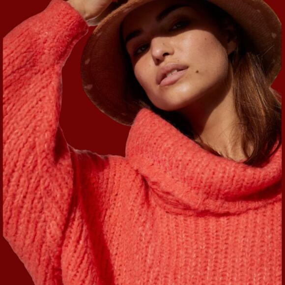 PILCRO Anthropologie Zamora Cowl Neck Alpaca Sweater in Coral #OB1194125 Small - Picture 4 of 15